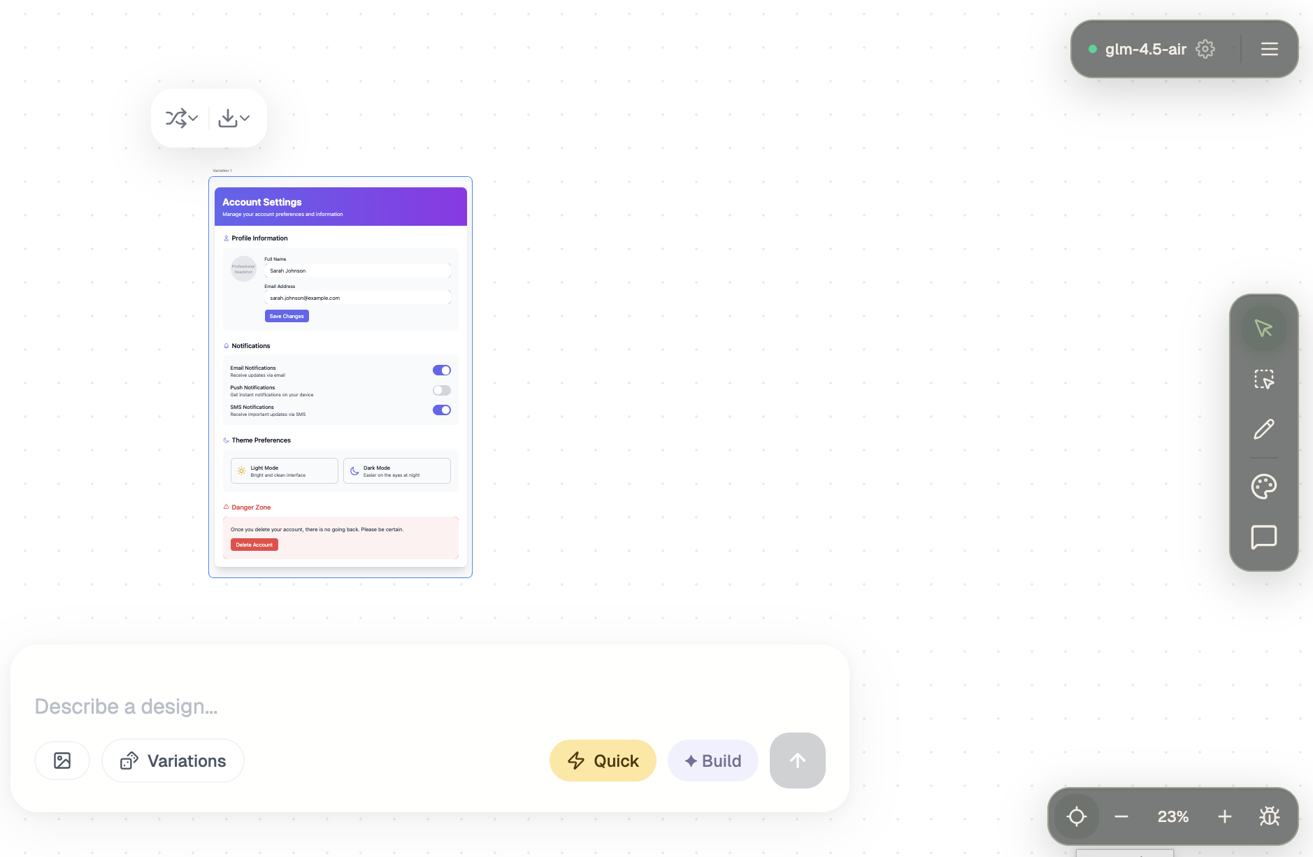 Calca app screenshot showing the AI design canvas with generated HTML/CSS variations